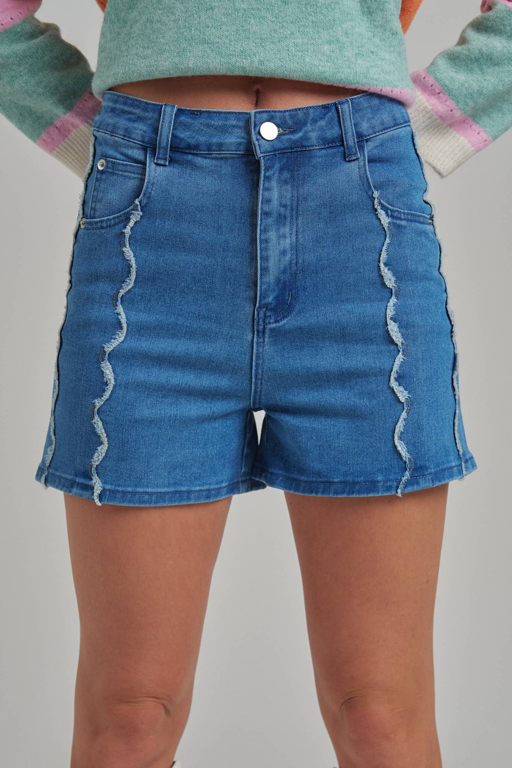 HIGH RISE DENIM SHORTS WITH SCALLOPED FRONT SEAM